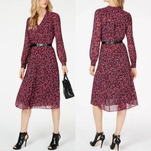 Michael Kors Crepe Long Puff Sleeve Midi Shirt Dress Hot Pink Grand Papillion